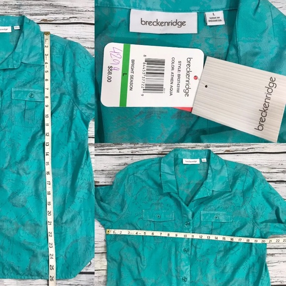 ⚡️SOLD⚡️Breckenridge Blouse Button Down Shirt Top Aqua Teal Cotton 3/4 Sleeve - Picture 12 of 12